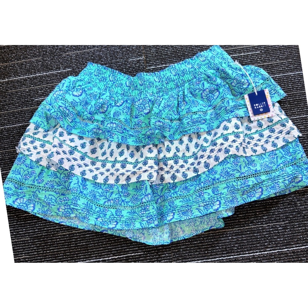 Roller Rabbit Skirt Womens XXL Aqua Blue Floral NEW Tiered Mini Boho Eyelet